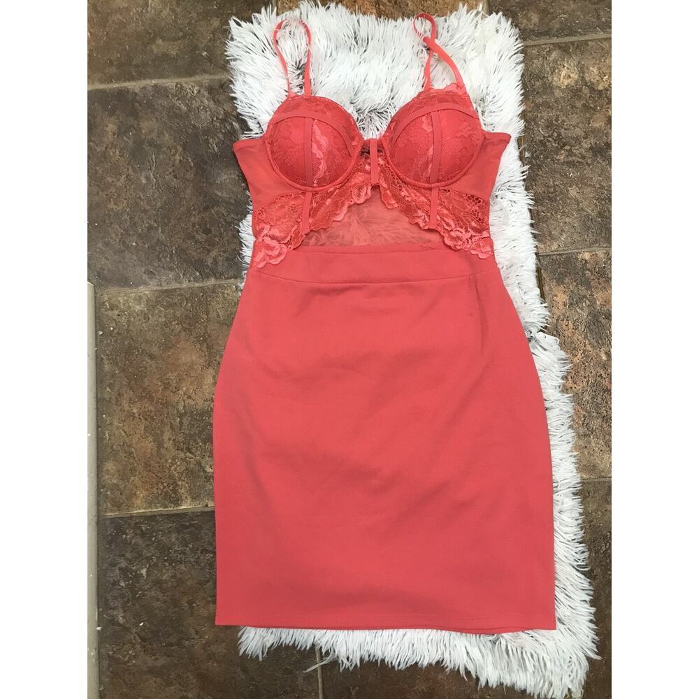 Blashe Orange Dress with Lace Bustier Cut Out Bodycon Coctail ad Straps Medium